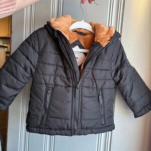HUNTER Puffer Coat Jacket Baby 12M Black Hooded Brown Faux Fur Lined Zip Up